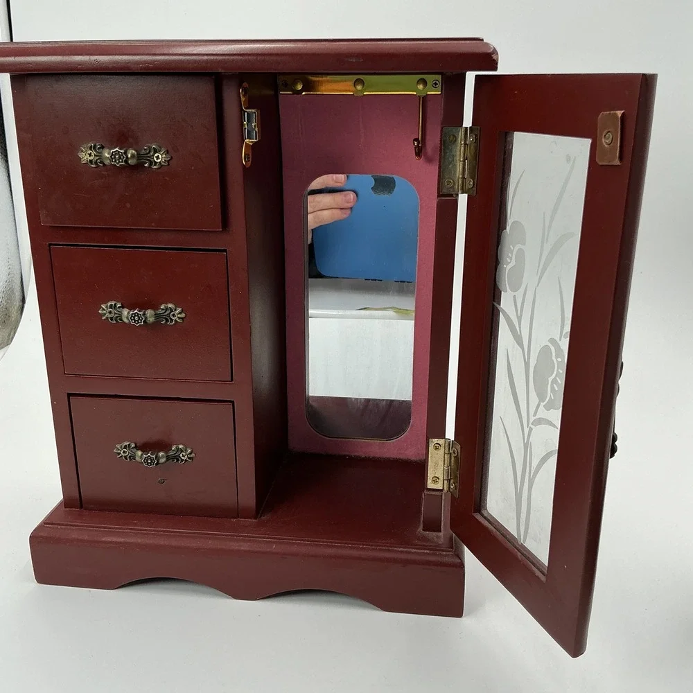 Vintage Wood Jewelry Armoire Burgundy Red 3 Drawer Floral Etched Glass Mirror